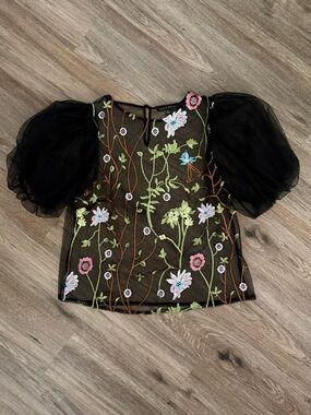 Haute Monde Black Sheer Floral Embroidered Puff-Sleeve Blouse
